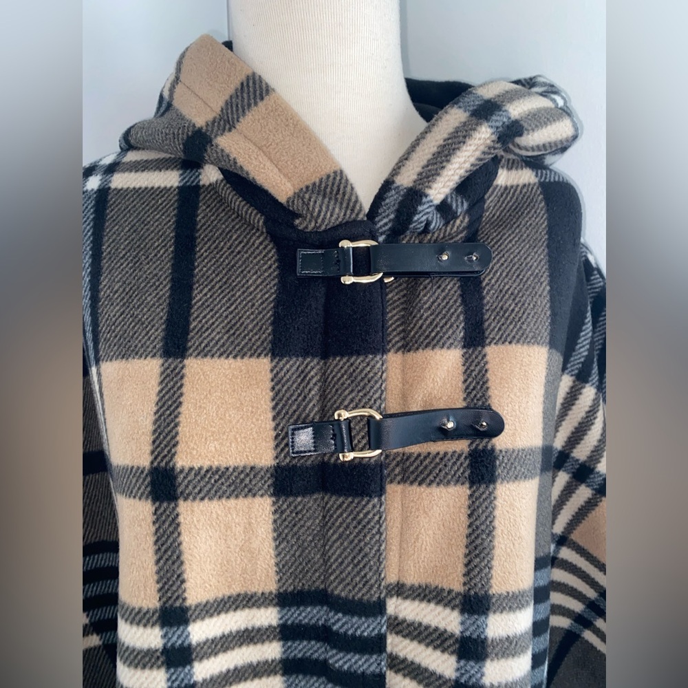 RACHEL ROY Plaid Hooded Poncho with Buckle Detail - Size - Picture 2 of 7